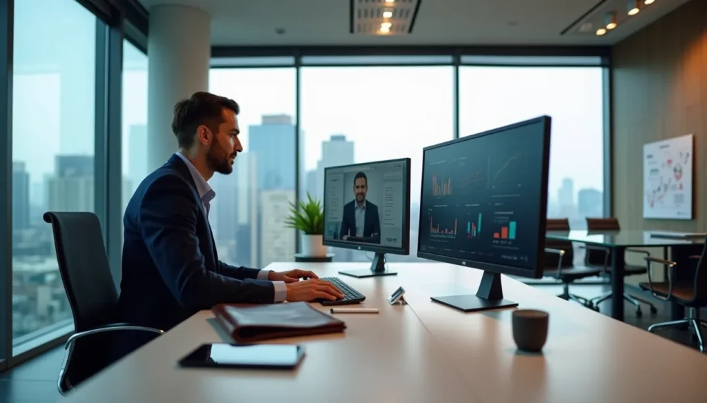 Business consultant analyzing digital performance data on office monitors.