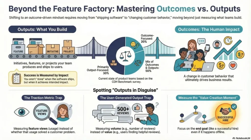 Infographic comparing business outcomes vs. outputs and measuring real customer impact.